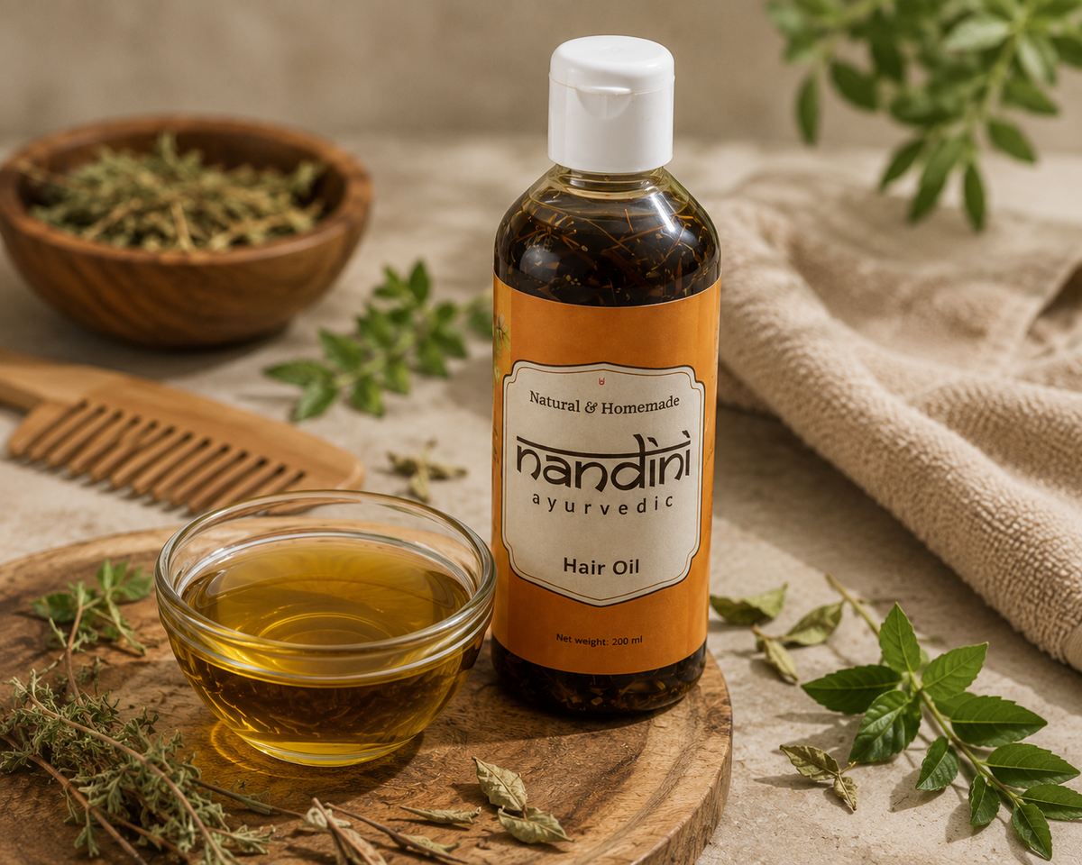 Nandini Ayurvedic Herbal Hair Oil 200ml bottle with herbs visible inside