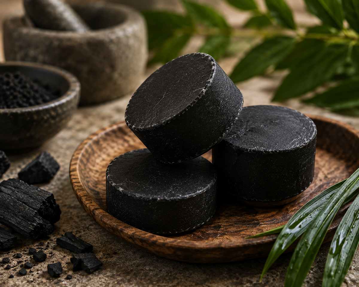 Three black charcoal briquettes stacked on a small wooden plate, with loose charcoal pieces