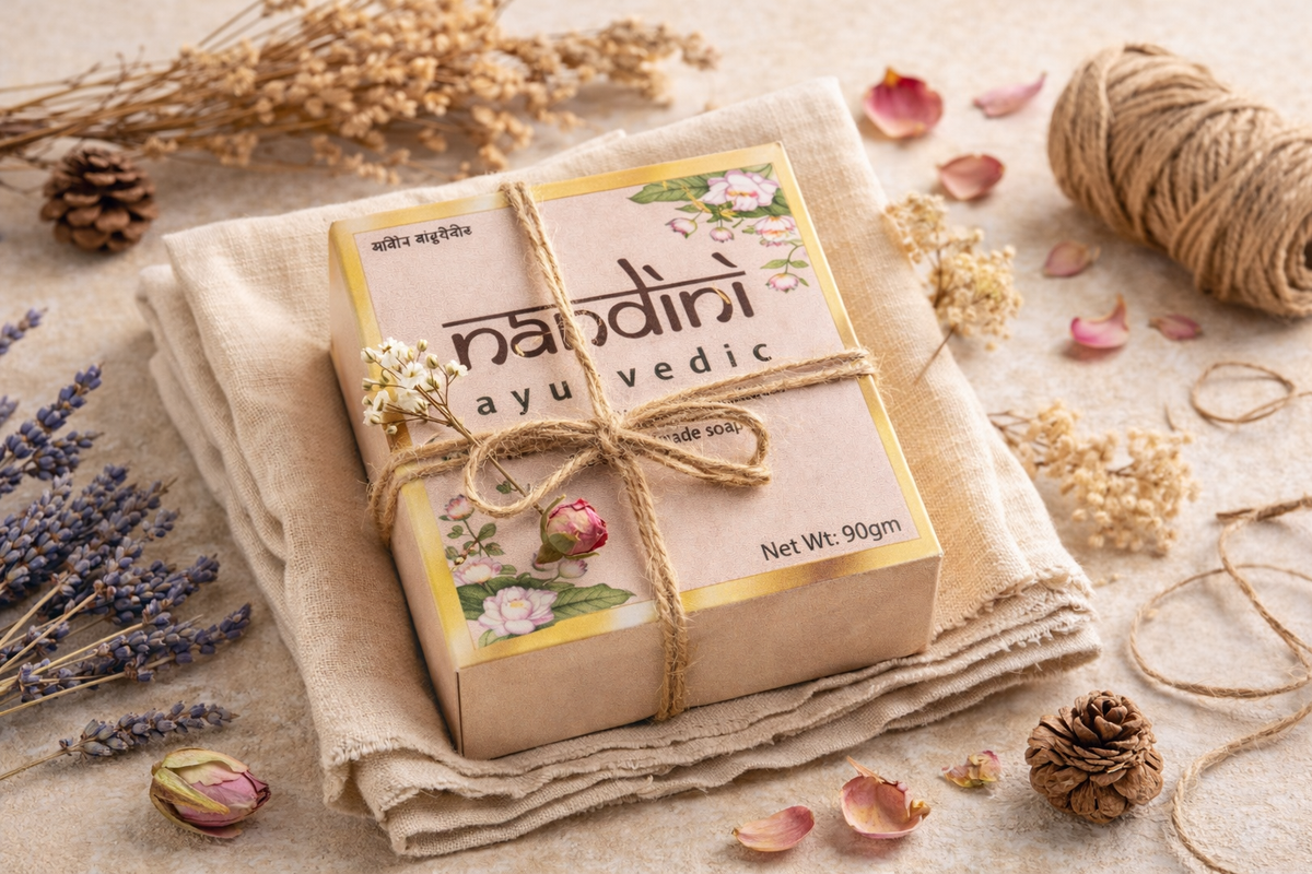 Nandini Ayurvedic handmade soap wrapped in twine on linen with dried flowers