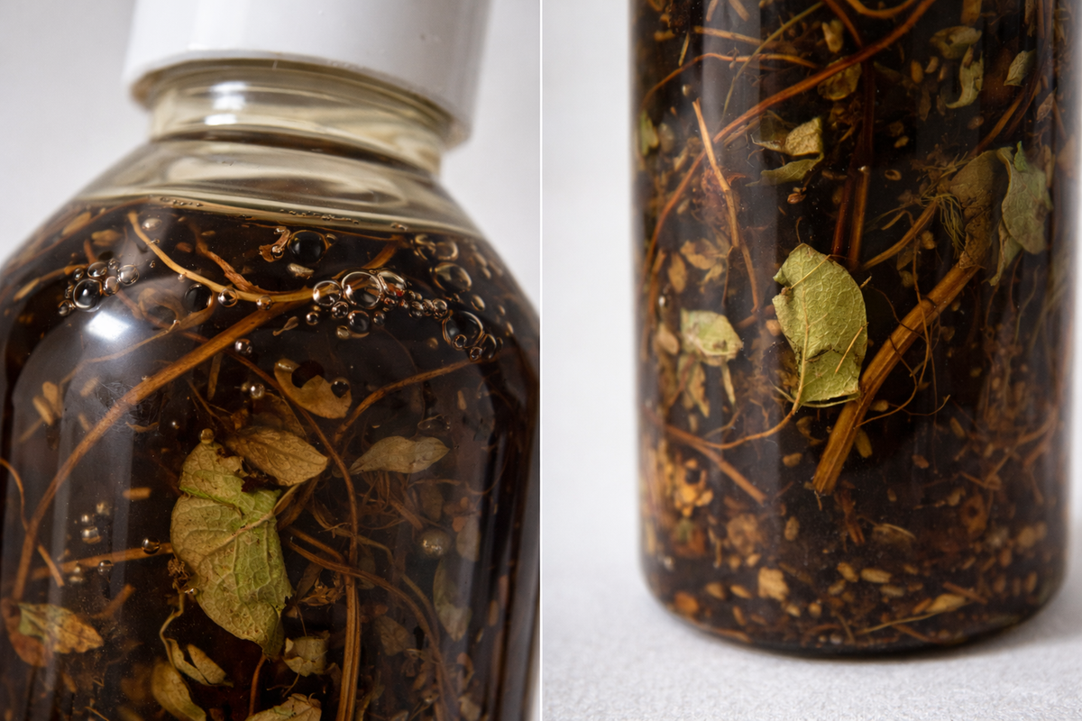 Close-up of herbs and roots steeping inside Nandini Ayurvedic herbal hair oil