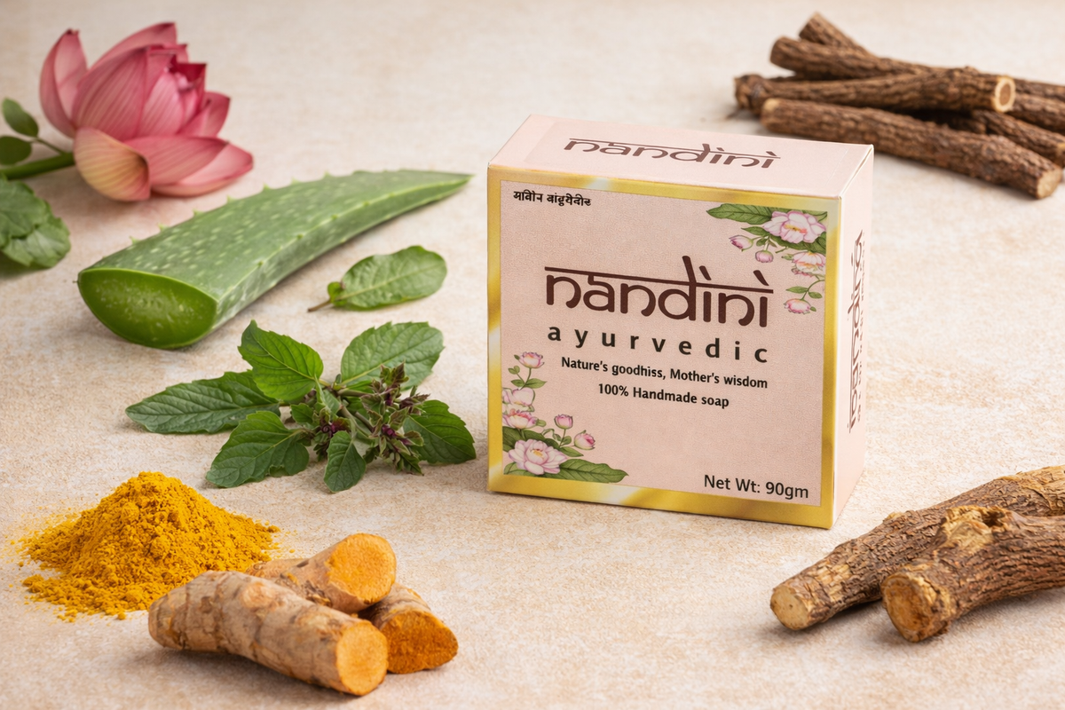 A box of Nandini Ayurvedic handmade soap is displayed on a beige stone surface, surrounded by natural ingredients including turmeric root, aloe vera, mint leaves, a pink lotus flower, and root bark.