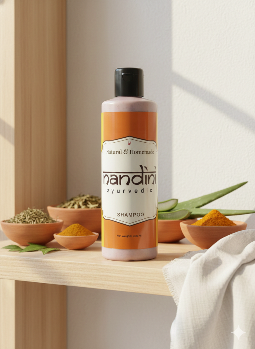 A bottle of Nandini Ayurvedic Shampoo stands on a light wood shelf, surrounded by bowls of herbs, spices, and aloe vera leaves, with a white cloth draped in the foreground.
