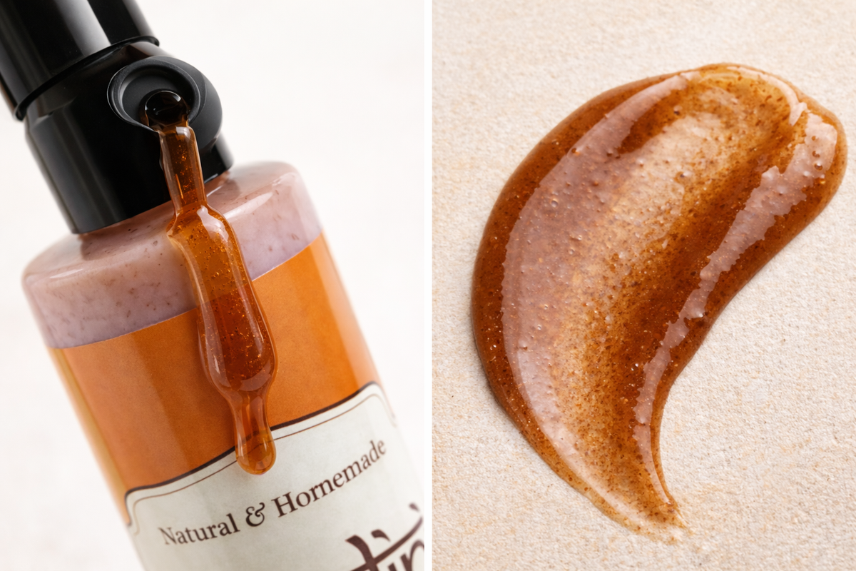 Close up of Nandini Ayurvedic Herbal Shampoo texture on a beige surface